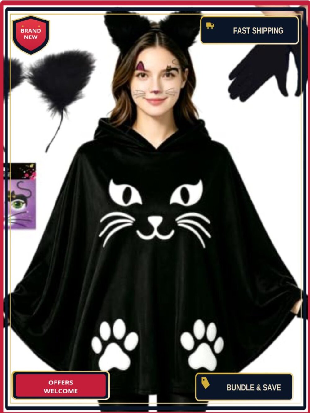 Plush Velvet Hooded Poncho Cat Costume Set Adult Halloween
